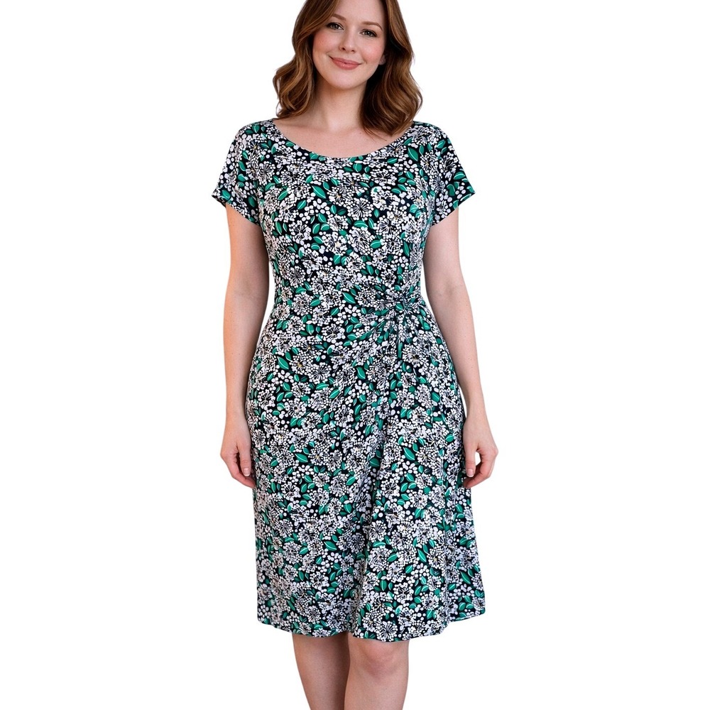 Lands End Womens Floral Jersey Knit Sheath Cap Sleeve Dress Navy Green L 14-16